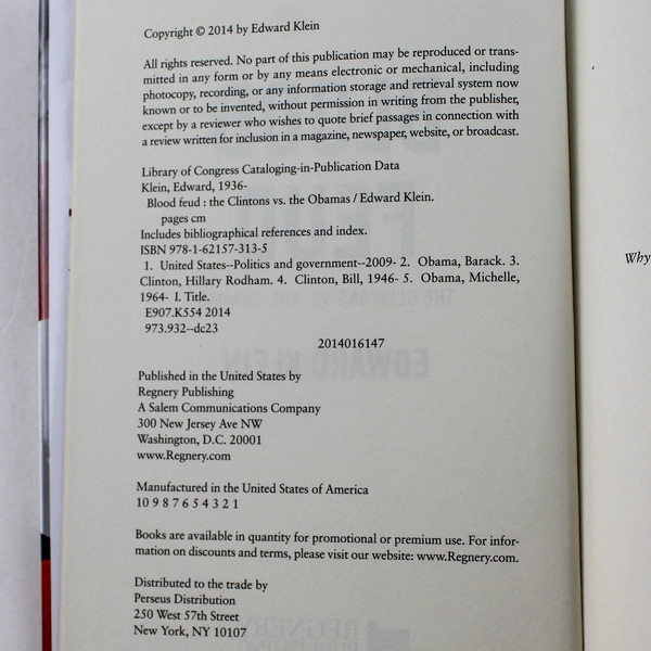 Blood Feud: The Clintons vs. The Obamas by Edward Klein 2014 Hardcover