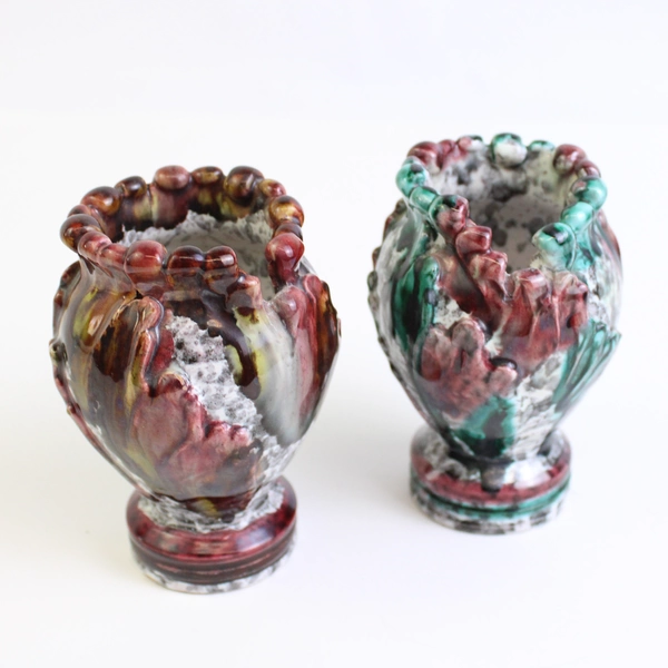2 Handmade Italian Ceramic Vases Overlapping Leaf & Flower Petal Pattern