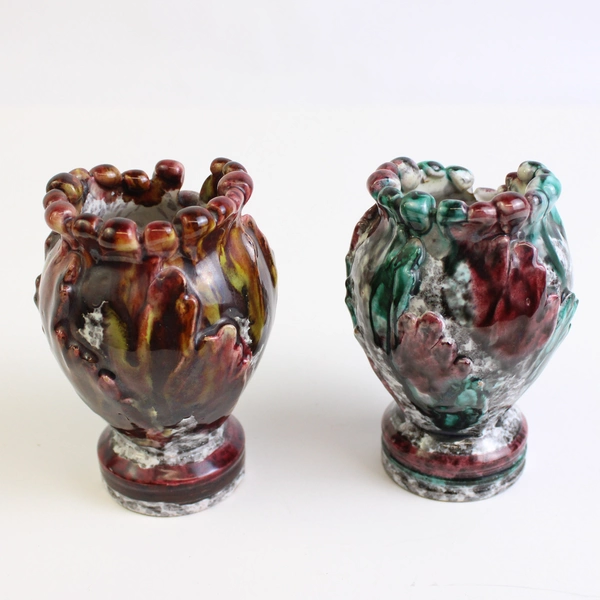 2 Handmade Italian Ceramic Vases Overlapping Leaf & Flower Petal Pattern