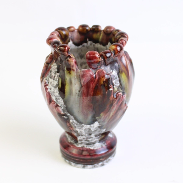 2 Handmade Italian Ceramic Vases Overlapping Leaf & Flower Petal Pattern