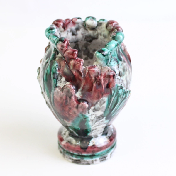 2 Handmade Italian Ceramic Vases Overlapping Leaf & Flower Petal Pattern