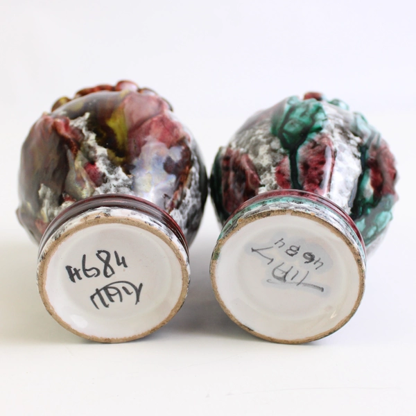 2 Handmade Italian Ceramic Vases Overlapping Leaf & Flower Petal Pattern