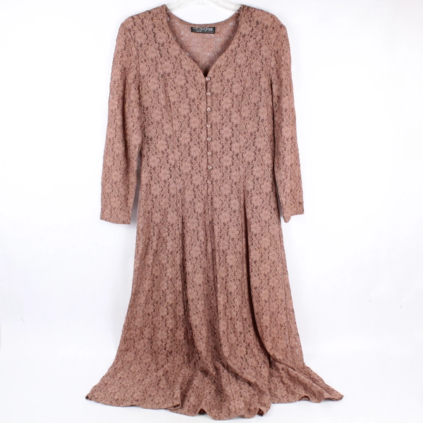 Vintage All That Jazz Mauve Mesh Lace Midi Dress 3/4 Sleeve Women's Medium