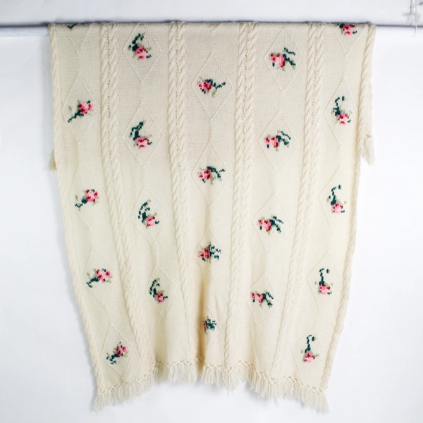 Cream-Colored Knit Afghan Throw Blanket Pink Floral Design 60x76 in