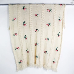 Cream-Colored Knit Afghan Throw Blanket Pink Floral Design 60x76 in