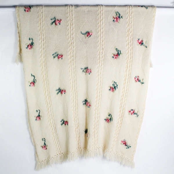 Cream-Colored Knit Afghan Throw Blanket Pink Floral Design 60x76 in