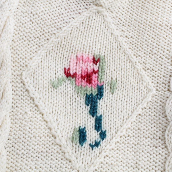 Cream-Colored Knit Afghan Throw Blanket Pink Floral Design 60x76 in