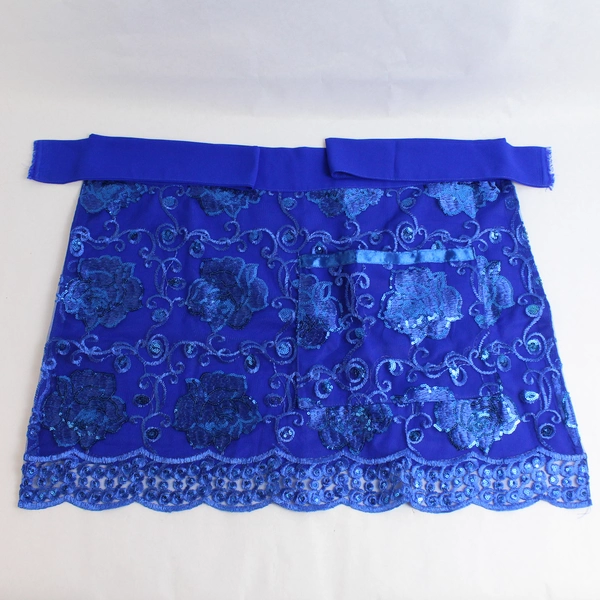 Embroidered Blue Floral Sequin Waist Apron With Pocket