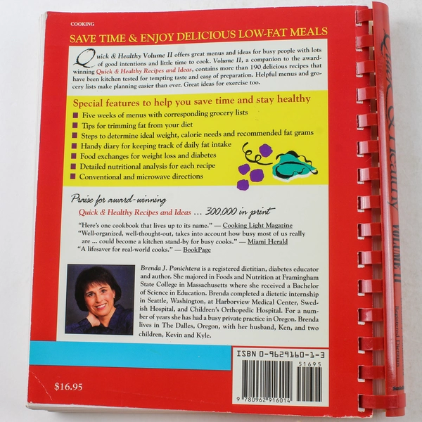 Quick & Healthy Volume II Cookbook by Brenda J. Ponichtera 1995 - Good