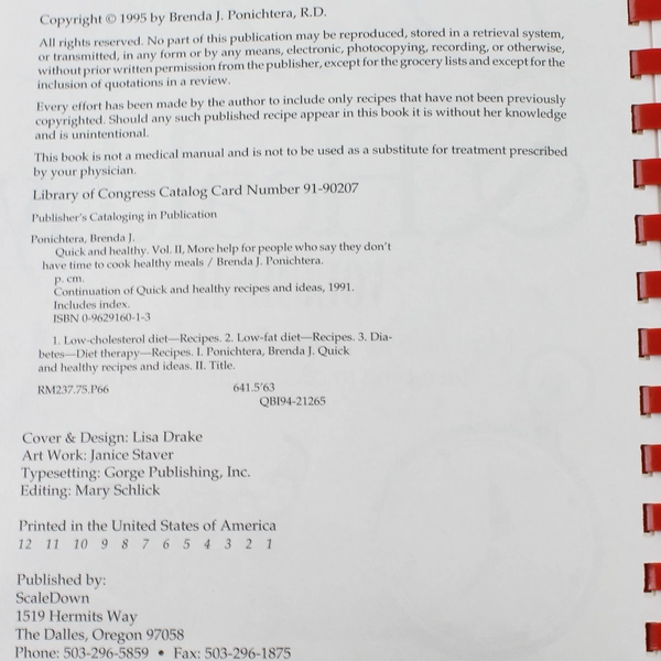 Quick & Healthy Volume II Cookbook by Brenda J. Ponichtera 1995 - Good