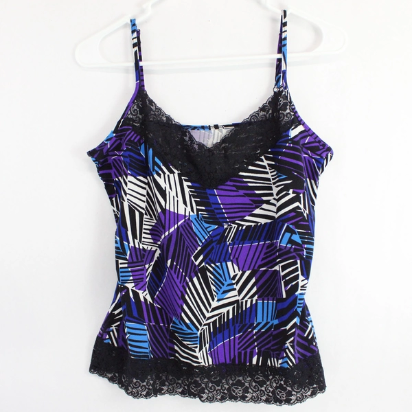 GNW Lace Trim Black Blue Purple Geometric Patterned Camisole Women's Small