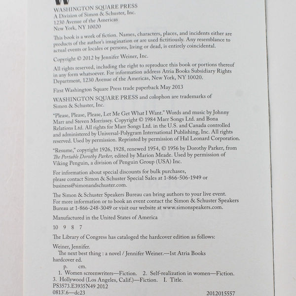 The Next Best Thing by Jennifer Weiner 2012 Paperback - Good Condition