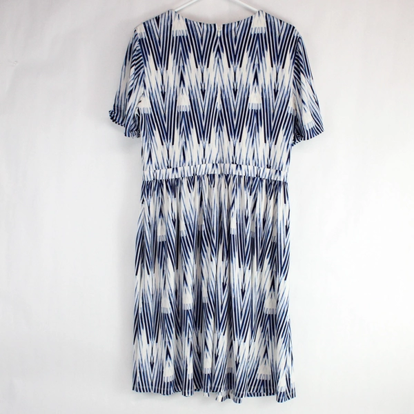 Maggy London Blue and White Geometric Patterned A-Line Midi Dress Women's 12