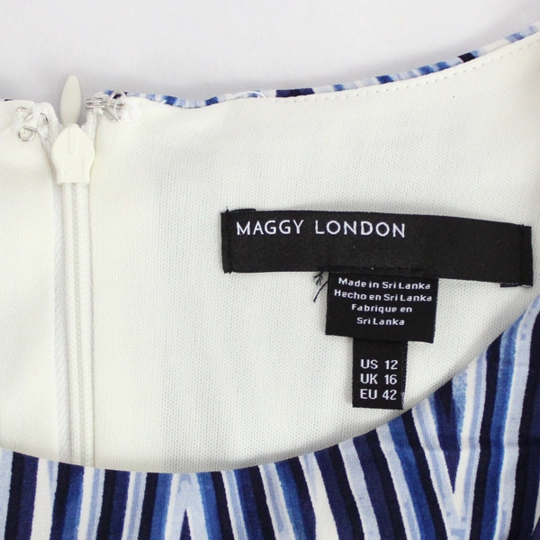 Maggy London Blue and White Geometric Patterned A-Line Midi Dress Women's 12