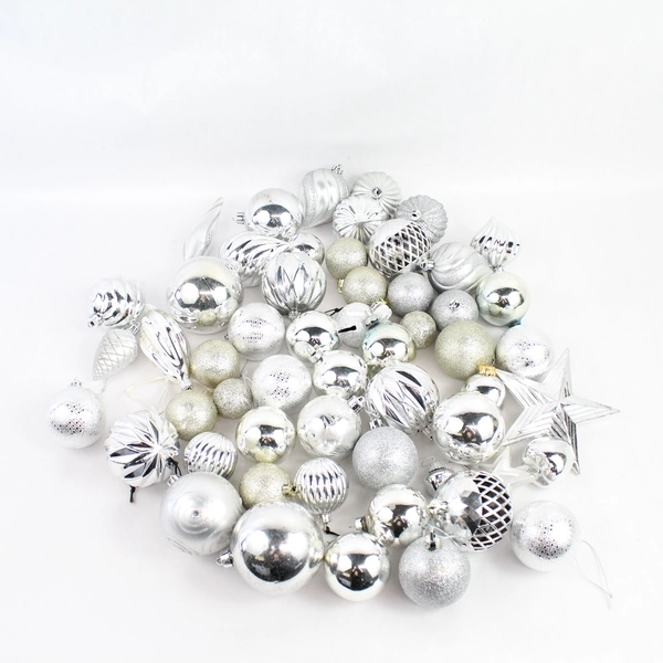 Lot of 55 Shiny and Glittery Silver Christmas Ornaments Various Shapes Sizes