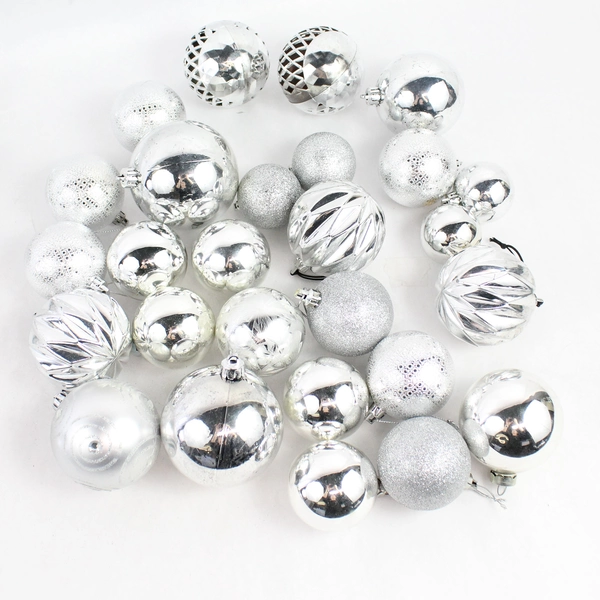 Lot of 55 Shiny and Glittery Silver Christmas Ornaments Various Shapes Sizes
