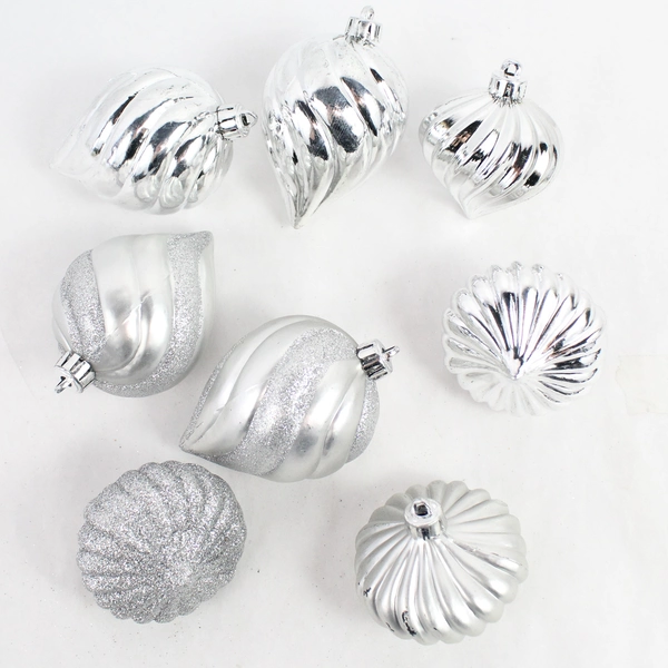 Lot of 55 Shiny and Glittery Silver Christmas Ornaments Various Shapes Sizes