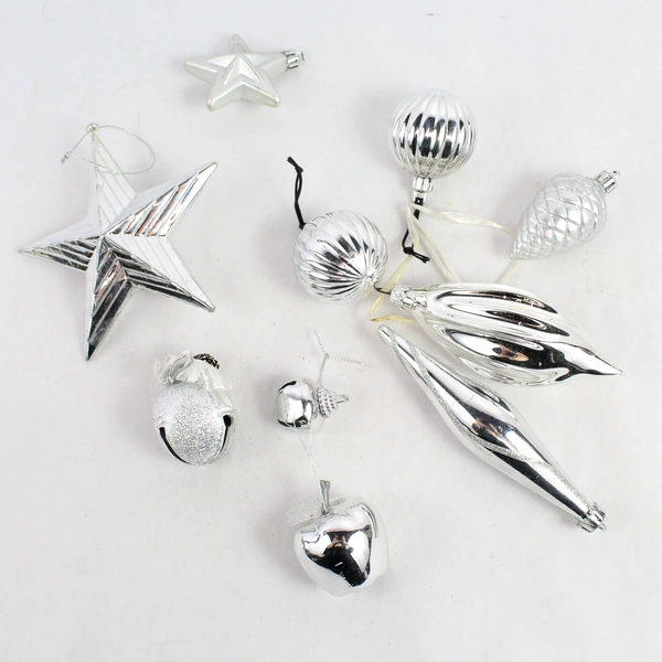 Lot of 55 Shiny and Glittery Silver Christmas Ornaments Various Shapes Sizes