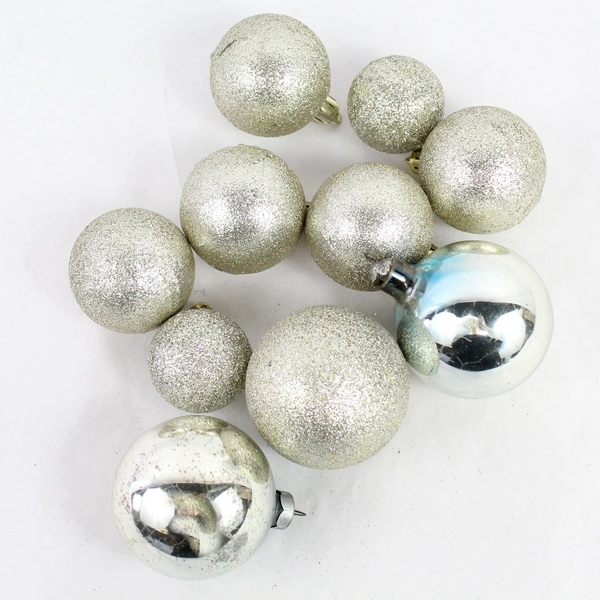 Lot of 55 Shiny and Glittery Silver Christmas Ornaments Various Shapes Sizes