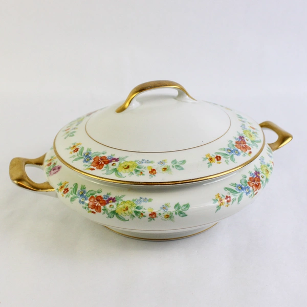 Jackson Featherweight China Floral Covered Serving Bowl White Gold Trim 