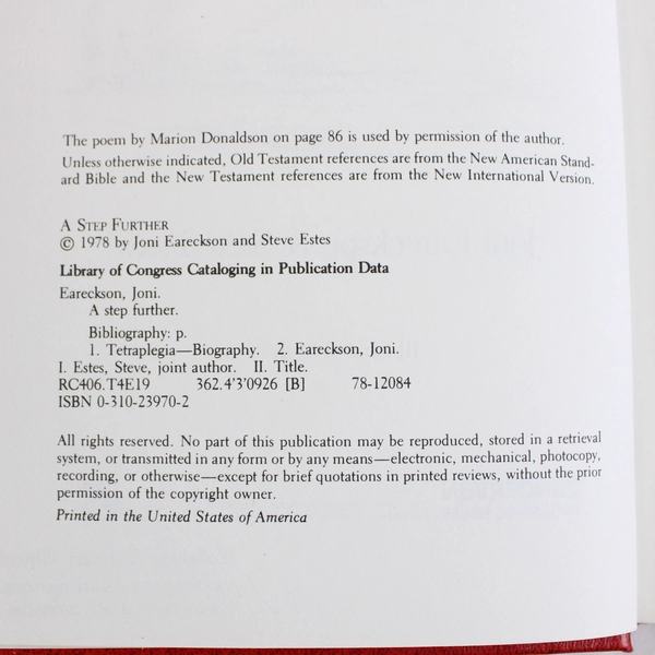 A Step Further by Joni Eareckson & Steve Estes 1978 Hardcover Ex-Library