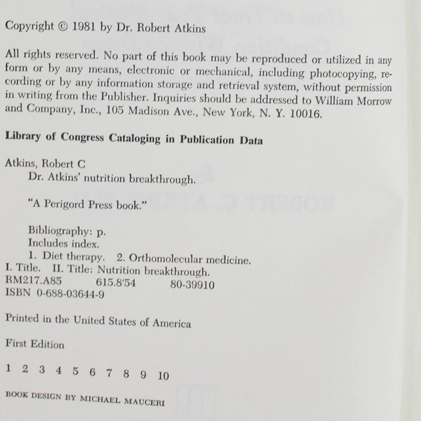 Dr. Atkins' Nutrition Breakthrough by Robert C. Atkins 1981 HC Book 1st Edition