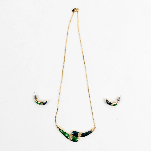3 Pc Set Unmarked Gold-Tone Necklace and Earrings Blue and Green Designs