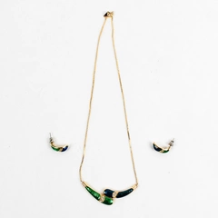 3 Pc Set Unmarked Gold-Tone Necklace and Earrings Blue and Green Designs