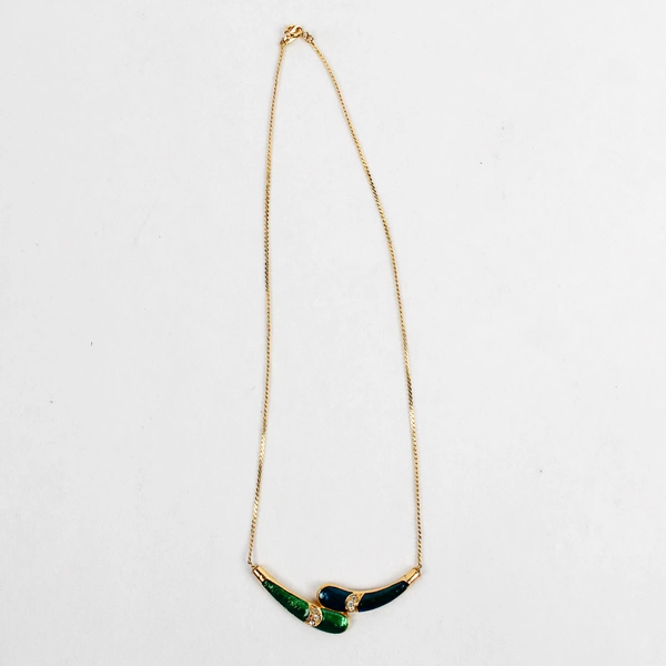 3 Pc Set Unmarked Gold-Tone Necklace and Earrings Blue and Green Designs