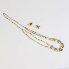 3 Pc Set Unmarked Pink Green and White Beaded Necklace and Dangle Earrings