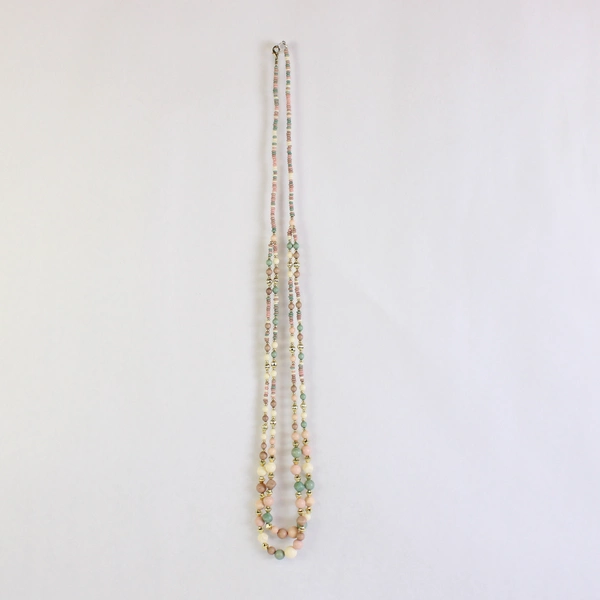 3 Pc Set Unmarked Pink Green and White Beaded Necklace and Dangle Earrings