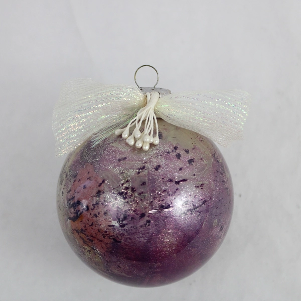 Purple Glittery Bulb Ball Glass Ornament W/ Bow 3" Diameter