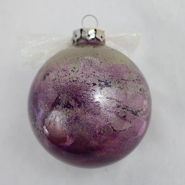 Purple Glittery Bulb Ball Glass Ornament W/ Bow 3" Diameter
