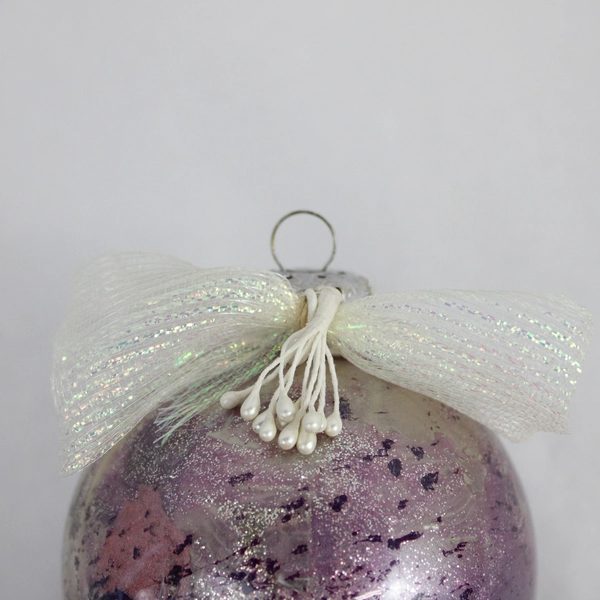 Purple Glittery Bulb Ball Glass Ornament W/ Bow 3" Diameter