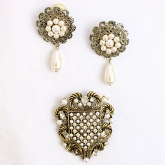 3 Pc Lot Vintage Art Shield Brooch and Drop Earrings Faux Pearl Accents