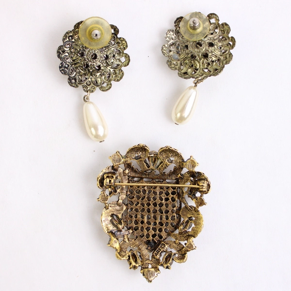 3 Pc Lot Vintage Art Shield Brooch and Drop Earrings Faux Pearl Accents