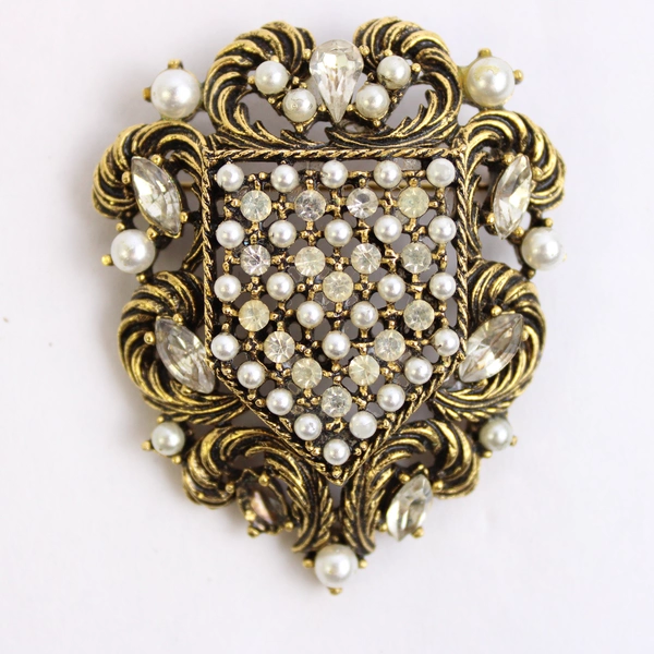 3 Pc Lot Vintage Art Shield Brooch and Drop Earrings Faux Pearl Accents