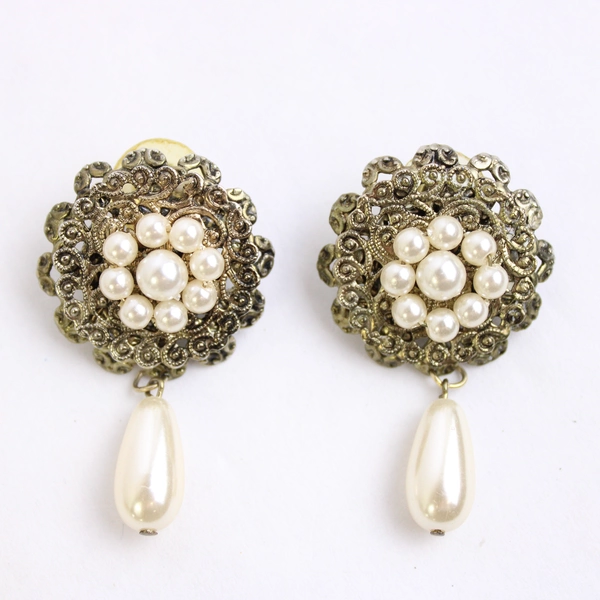 3 Pc Lot Vintage Art Shield Brooch and Drop Earrings Faux Pearl Accents