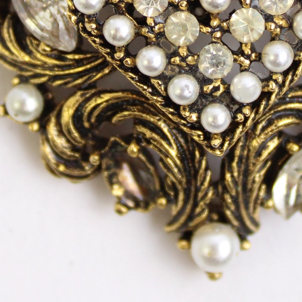 3 Pc Lot Vintage Art Shield Brooch and Drop Earrings Faux Pearl Accents