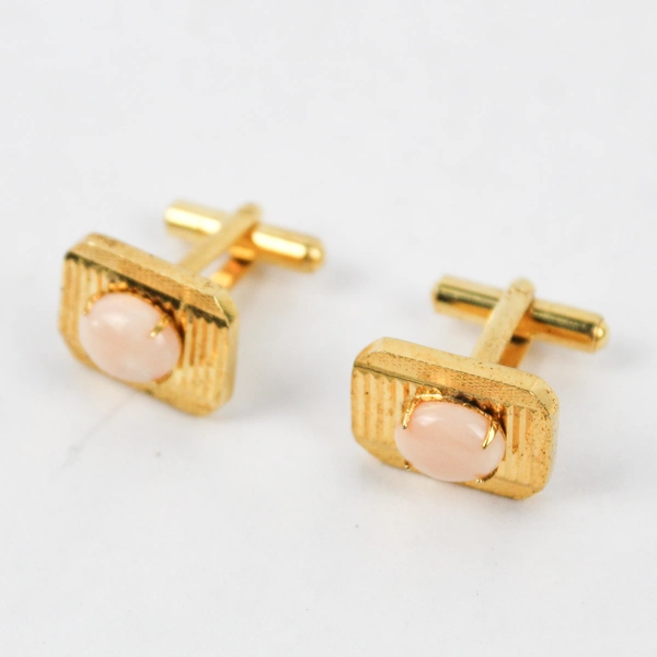 Unmarked Gold-Tone Cuff Links with Pale Pink-Orange Stones