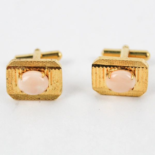 Unmarked Gold-Tone Cuff Links with Pale Pink-Orange Stones