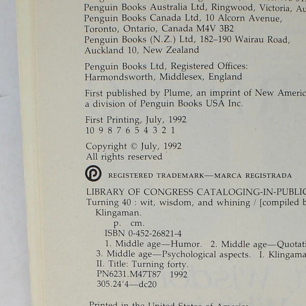 Turning Forty Wit Wisdom and Whining William K. Klingaman 1992 Paperback