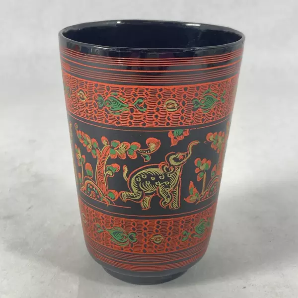 Vintage Asian Lacquerware Glass Elephant Tree Pattern
