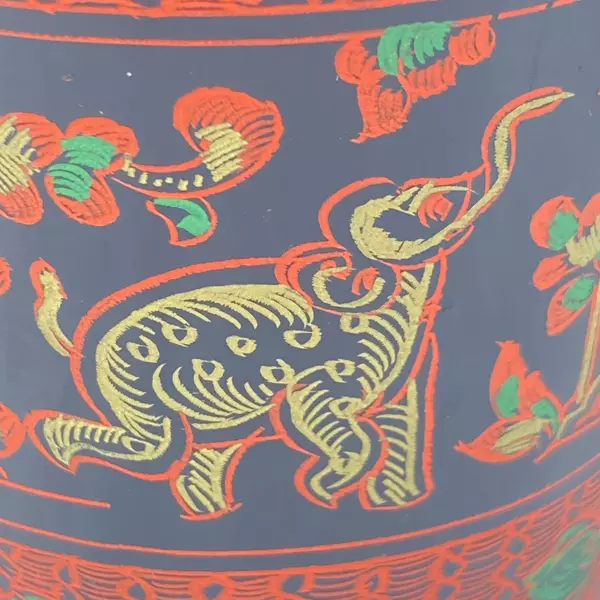 Vintage Asian Lacquerware Glass Elephant Tree Pattern
