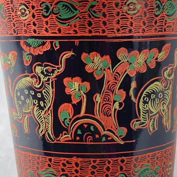 Vintage Asian Lacquerware Glass Elephant Tree Pattern