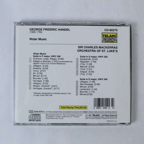 Orchestra of St. Luke's Handel Water Music CD - Sir Charles Mackerras - Telarc