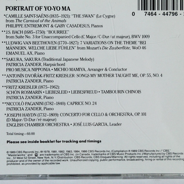 Portrait of Yo-Yo Ma Bach Haydn Beethoven Kreisler Paganini CD