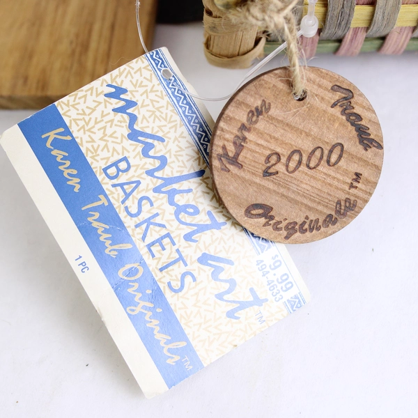 Karen Traub Originals Woven Basket Lid Handle Vintage 2000 Mauve Blue Country