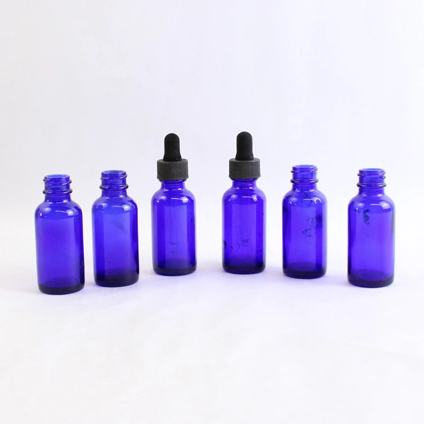 Lot of 6 Cobalt Blue 1 Oz Bottles with 2 Droppers Bottles