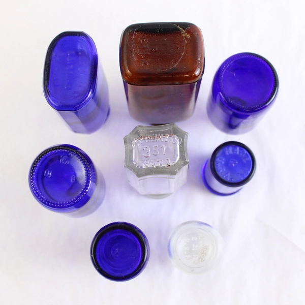 Lot of 8 Vintage Brown Blue Clear Apothecary Medicine & Condiment Bottles